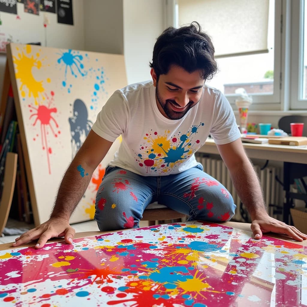 Dive into a world of vibrant colors and dynamic shapes with spatter art. This energetic piece captures the essence of creativity, showcasing bold splashes and intricate patterns that ignite the imagination.