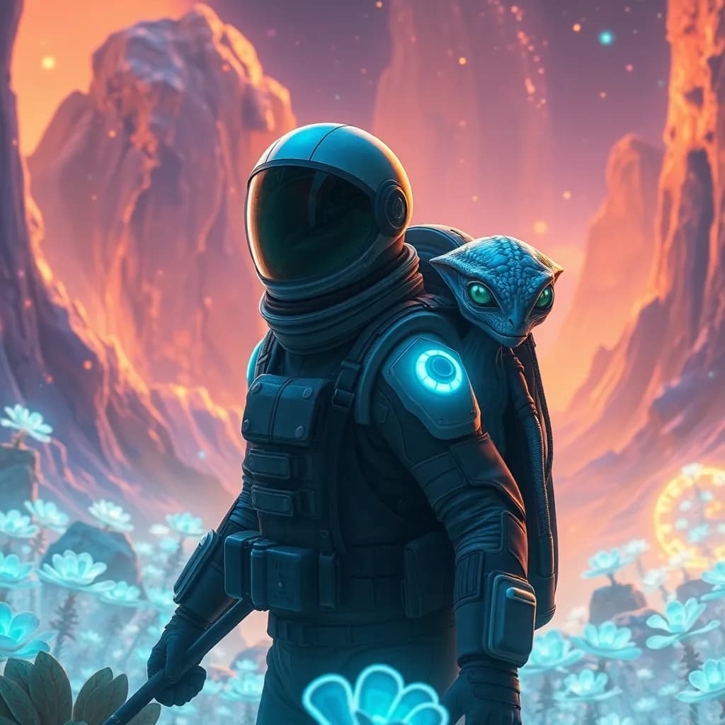 A human adventurer in a sleek spacesuit navigates a vibrant alien world, accompanied by a curious alien creature with luminescent features. Together, they discover breathtaking landscapes filled with bioluminescent flora and otherworldly wildlife.