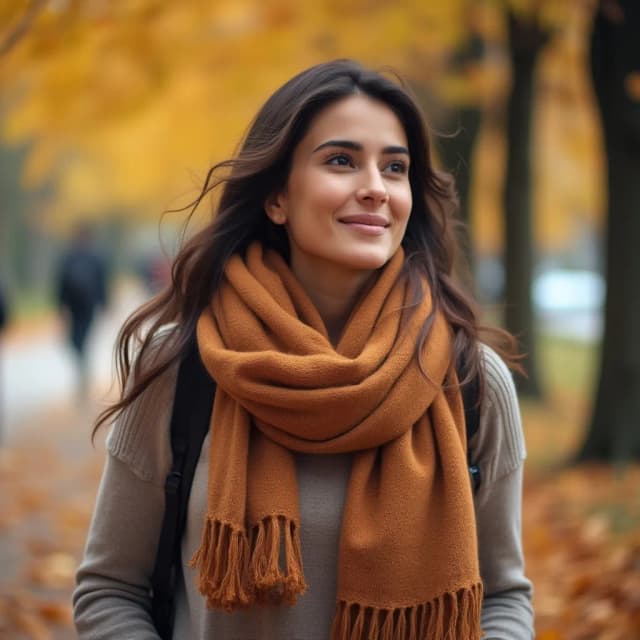 model in a warm scarf and sweater, enjoying a walk among colorful leaves.