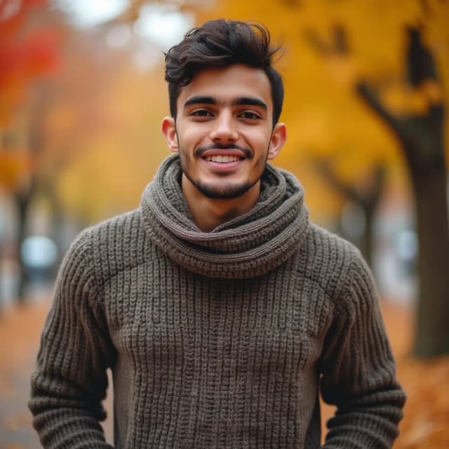 model in a cozy sweater, walking through colorful fall foliage.