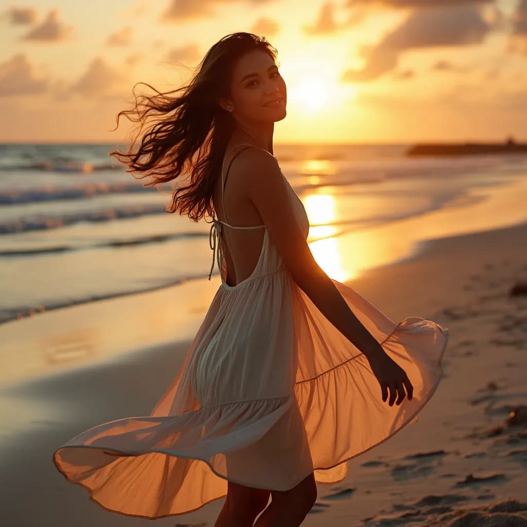 Dive into seaside fun while twirling on the sandy beach at sunset in a vibrant beach dress, letting the golden rays of the setting sun wrap you in warmth and magic.