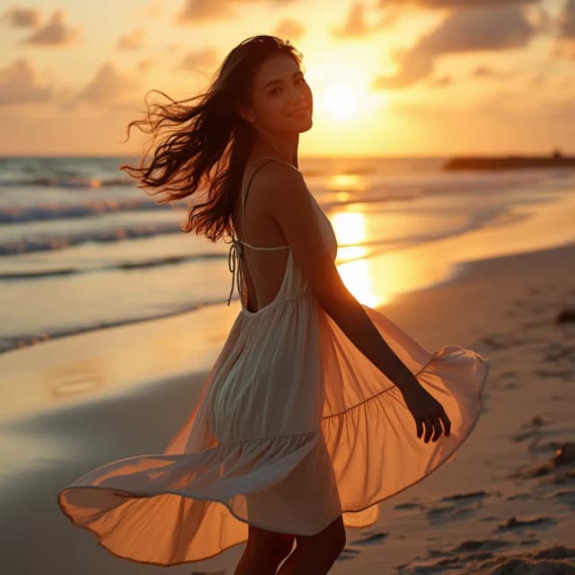 model in a beach dress, twirling on the sand as the sun sets behind them.