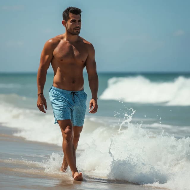 A fit model in swim trunks, walking along the shoreline with waves crashing at their feet.