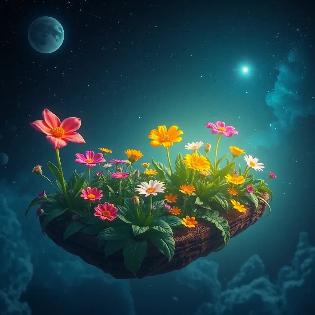 A vibrant garden floating in space, with alien flowers glowing under a starlit sky.