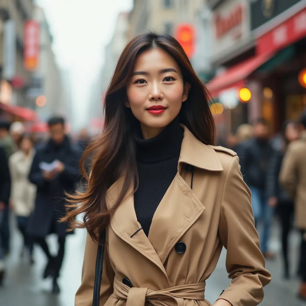 Step into the vibrant city scene while walking confidently down a bustling street in a chic trench coat, embracing the lively energy of the morning hustle.