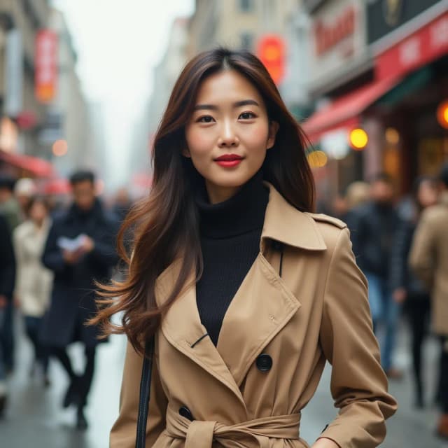 A fashionable model in a chic trench coat, walking confidently down a bustling street.