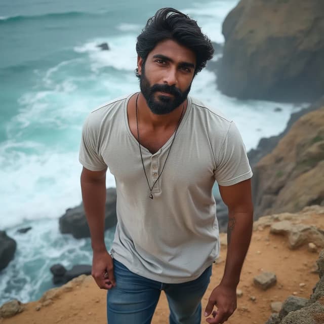 A rugged model in a casual t-shirt, standing on a cliff with waves crashing below.