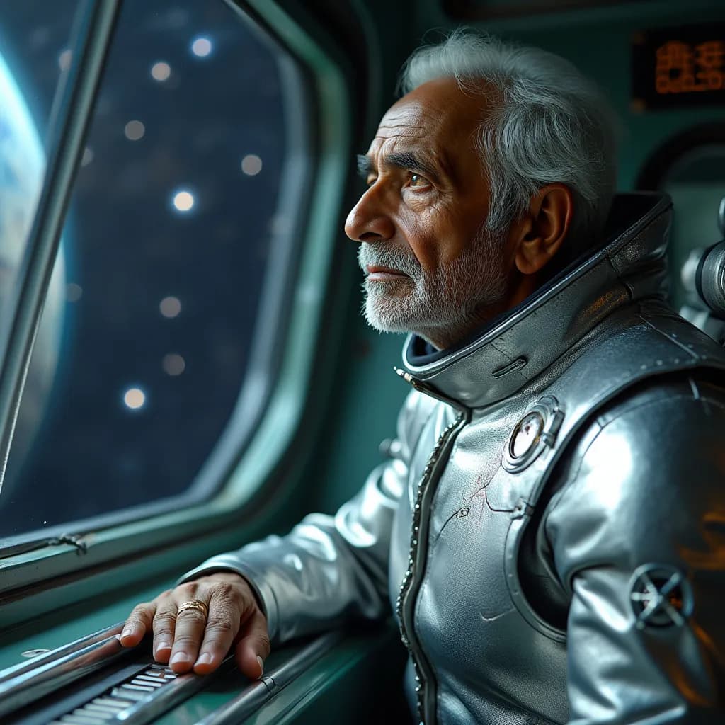 Step into a sci-fi adventure in a futuristic silver suit! Gaze out of a spaceship window, surrounded by the awe of stars and galaxies, capturing the thrill of cosmic exploration.