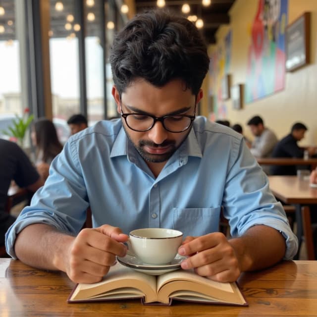 Capture a cozy scene of model, sitting at a rustic wooden table in a bustling coffee shop. model is wearing a stylish, light blue shirt and round glasses, engrossed in reading a novel. Sunlight filters through large windows, illuminating their thoughtful expression as they occasionally sips a steaming cup of coffee. The background is filled with patrons and colorful artwork.