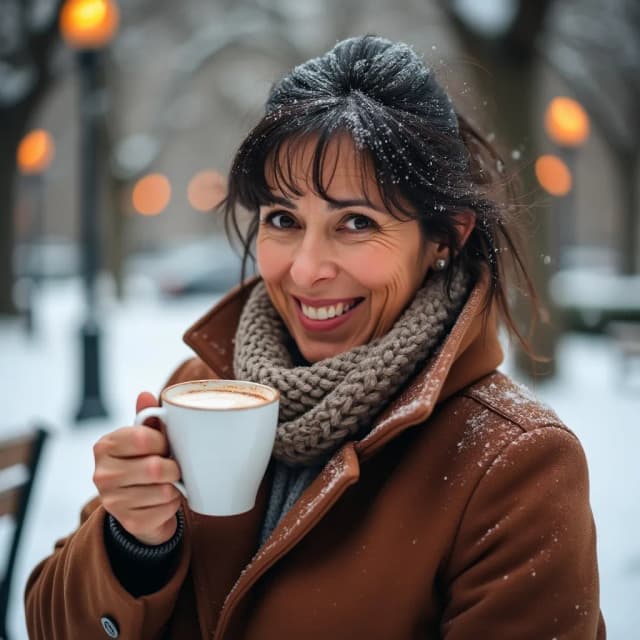 model in a stylish winter coat, sipping hot cocoa in a snowy park.