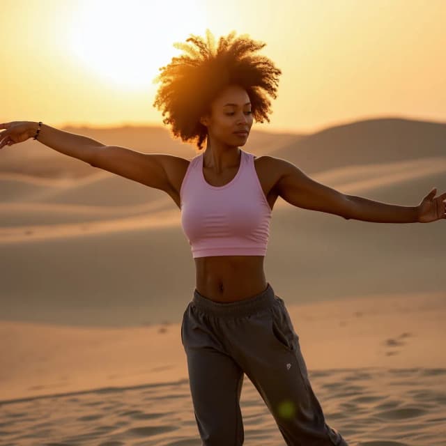 A fit model in joggers, stretching at sunrise on a sandy landscape.