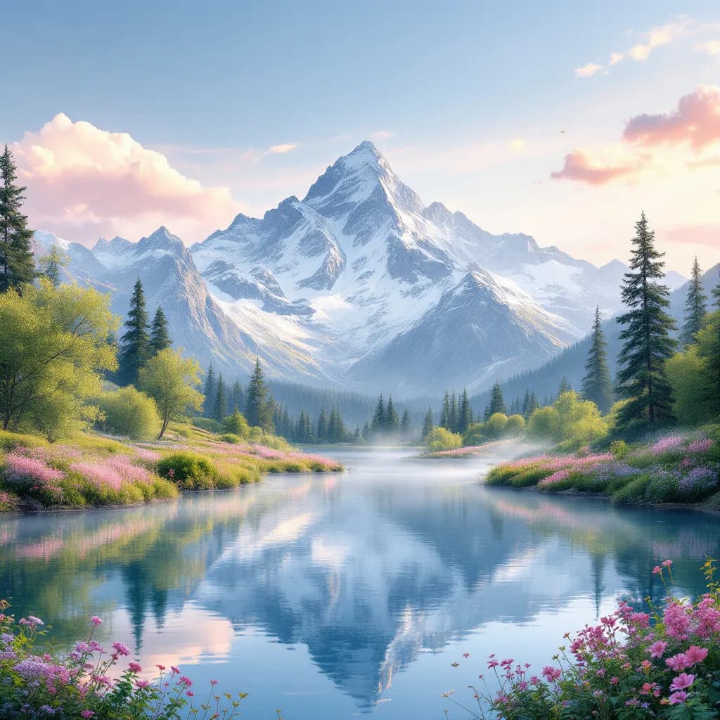 Capture the breathtaking beauty of a serene mountain landscape at sunrise. Majestic snow-capped peaks rise against the horizon, reflecting the soft pink and orange hues of dawn. In the foreground, a tranquil lake mirrors the stunning scenery, its crystal-clear waters surrounded by lush green trees and vibrant wildflowers in full bloom. A gentle mist rises from the lake, infusing the scene with a mystical quality. The sky is clear, adorned with a few wispy clouds that enhance the peaceful atmosphere. This composition evokes a sense of tranquility and inspiration, making it perfect for a nature-themed poster that invites viewers to explore the beauty of the great outdoors.