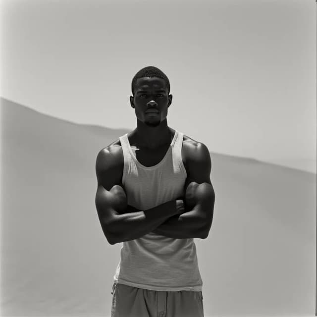 model standing with arms crossed against a vast sand dune.