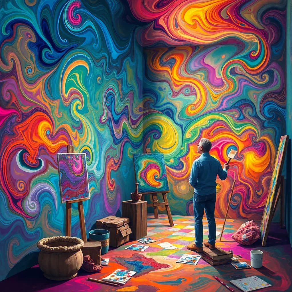 An artist painting in a dreamlike studio where the walls are alive with swirling colors and shifting shapes.