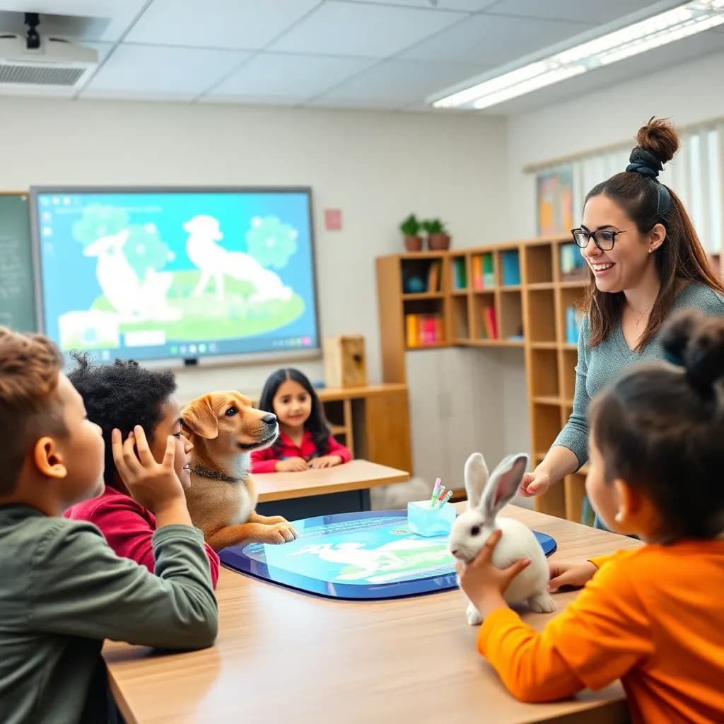 A passionate teacher in a virtual classroom engages students from diverse backgrounds, alongside friendly animals like a dog and a rabbit. The classroom buzzes with excitement as students interact with holographic displays and learn through play.