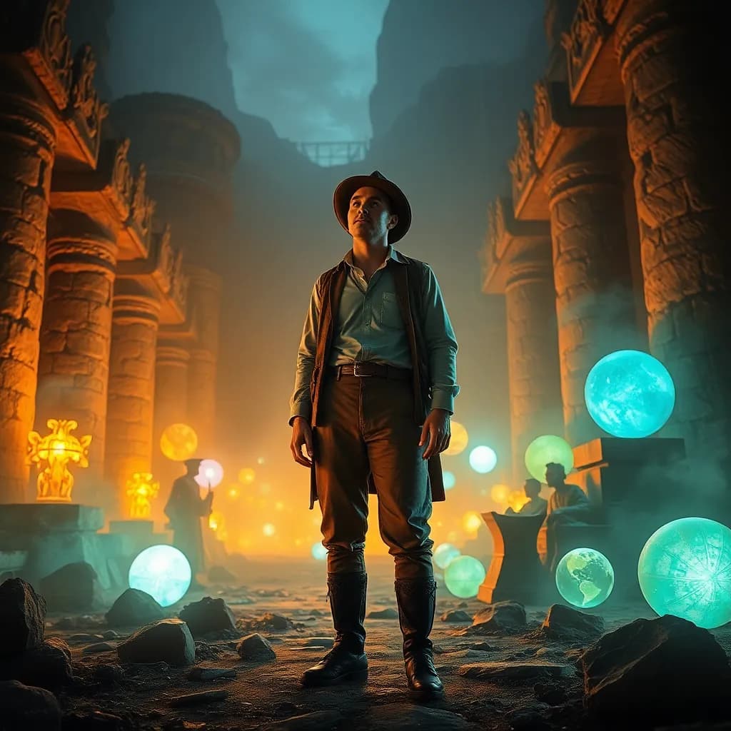 A researcher dressed in vintage clothing stands in awe amid the ruins of an ancient civilization, surrounded by vibrant artifacts that glow with a mystical light. The air is filled with a sense of wonder as time swirls around them, hinting at untold stories from the past.