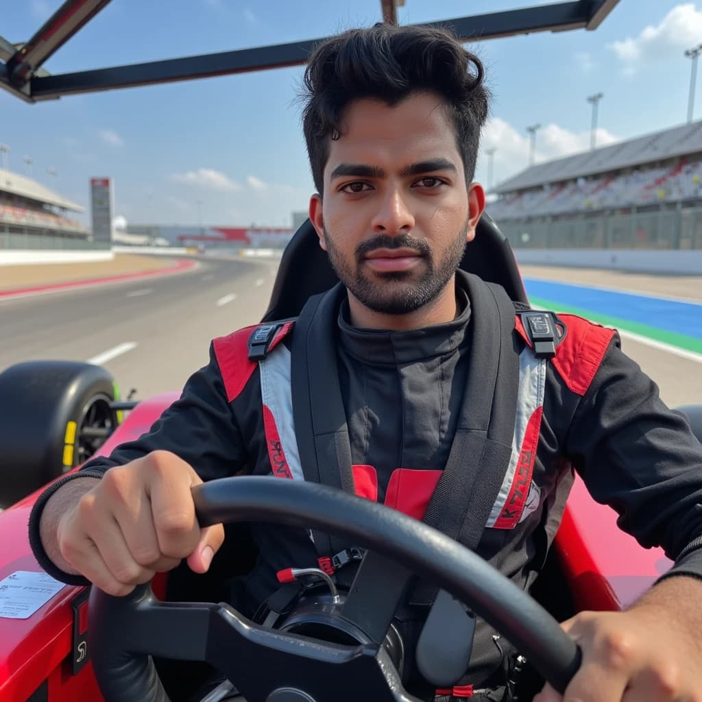 Experience the adrenaline of F1 driving as the driver navigates the track with precision and skill. Dressed in a sleek racing suit, the focus is on the intense concentration and determination required to master the art of speed.