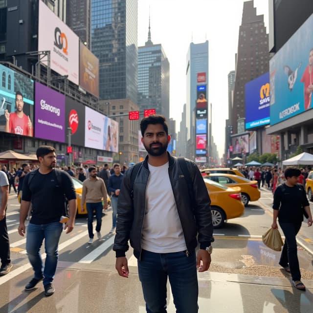 Capture a vibrant scene of model, strolling through the bustling streets of New York City. model is wearing a trendy jacket over a casual t-shirt and jeans, with a backpack slung over one shoulder. The backdrop features iconic elements like Times Square, with bright billboards illuminating the surroundings and a crowd of diverse people moving about. model has a look of wonder on their face as they takes in the lively atmosphere, perhaps holding a coffee cup in one hand. The scene is filled with yellow cabs, street vendors, and towering skyscrapers, reflecting the energy and excitement of the city. Sunlight filters through the buildings, adding a warm glow to this urban adventure.