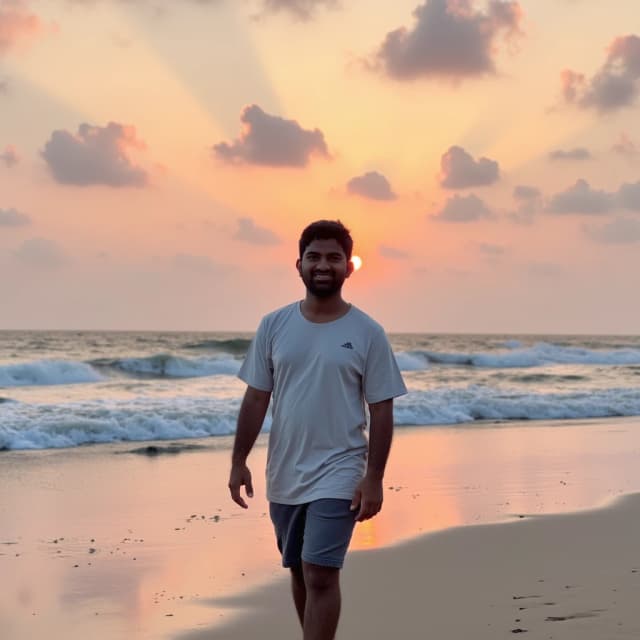 model walking along a serene beach at sunset. model is wearing casual shorts and a loose-fitting t-shirt, with the soft sand beneath their feet. The sky is painted in hues of orange, pink, and purple as the sun dips below the horizon. model smiles gently, with waves lapping at the shore, creating a peaceful and idyllic moment.