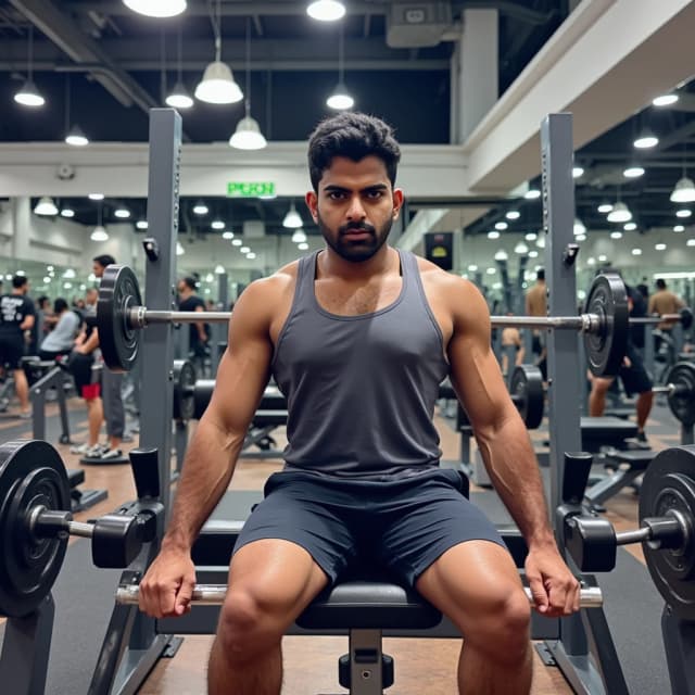 Illustrate model, in a bustling gym, focused on lifting weights. model showcasing their determination as they performs a heavy bench press. Sweat glistens on their forehead, highlighting their effort and commitment. The gym is filled with modern equipment, mirrors reflecting the intensity of the workout, and fellow gym-goers in the background, some encouraging them. Their expression is one of concentration and determination, capturing the energy of the moment as they pushes themself to reach their fitness goals. Bright overhead lights enhance the dynamic atmosphere of the gym.