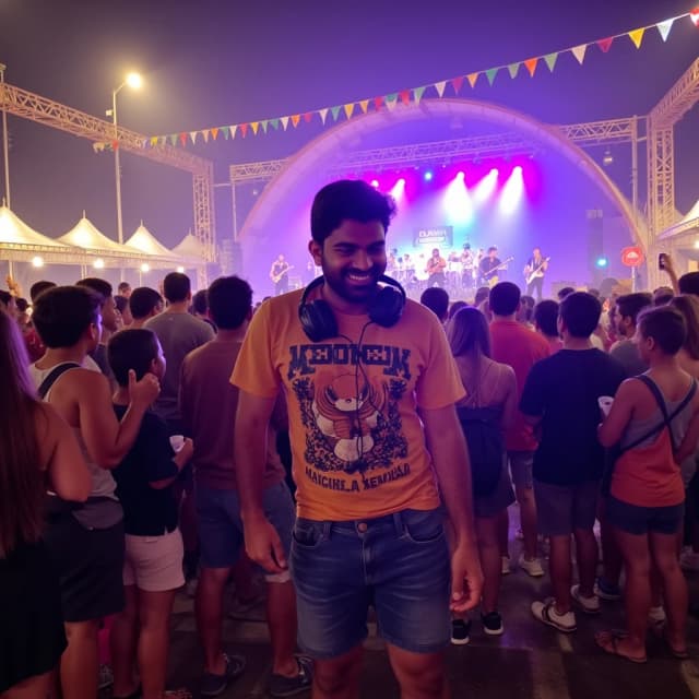 Depict model in the crowd of a vibrant music festival. model wearing a graphic tee and denim shorts, with headphones around their neck. Their face radiates joy as they dances, surrounded by colorful lights and fellow festival-goers. A live band plays energetically on stage, and colorful banners flutter overhead.