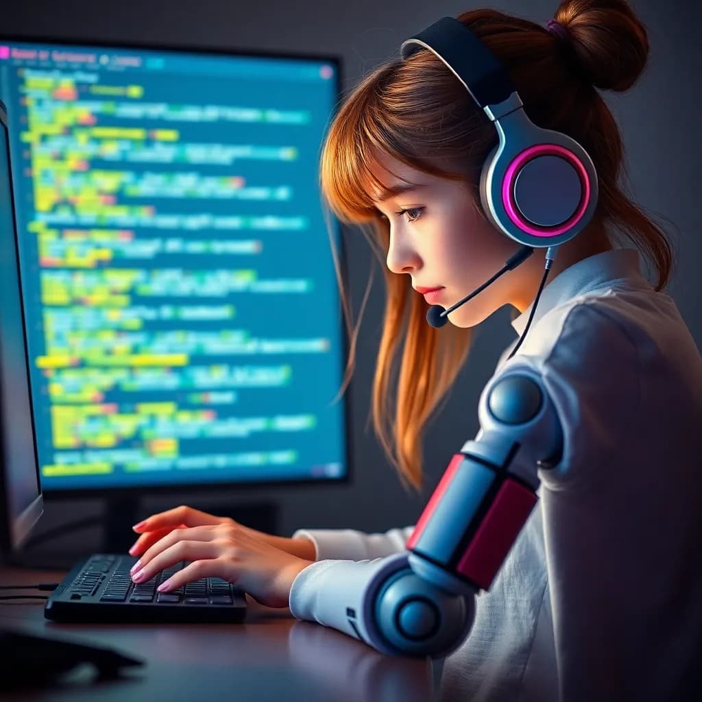 A girl with a robotic arm wearing a headphone writing code on a computer.