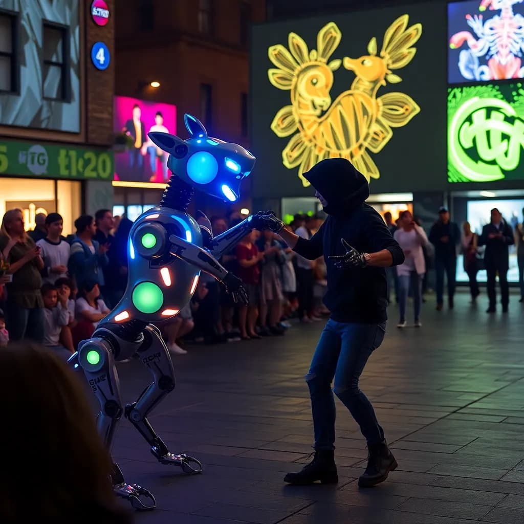 A captivating street artist, part human and part machine, showcases a mesmerizing performance alongside robotic animals that dance in sync. The audience is spellbound as they interact with the glowing lights and engaging projections.