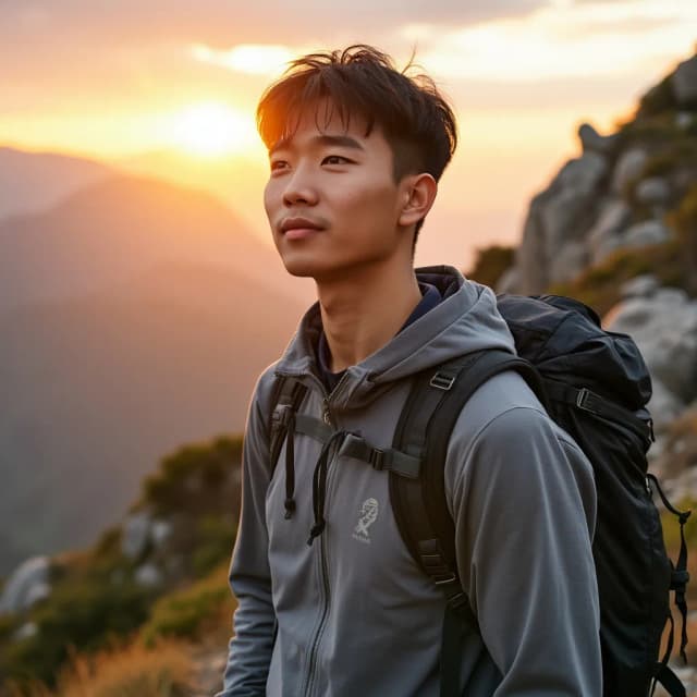 model in a hiking outfit, standing on a rocky peak with the sun rising behind him.