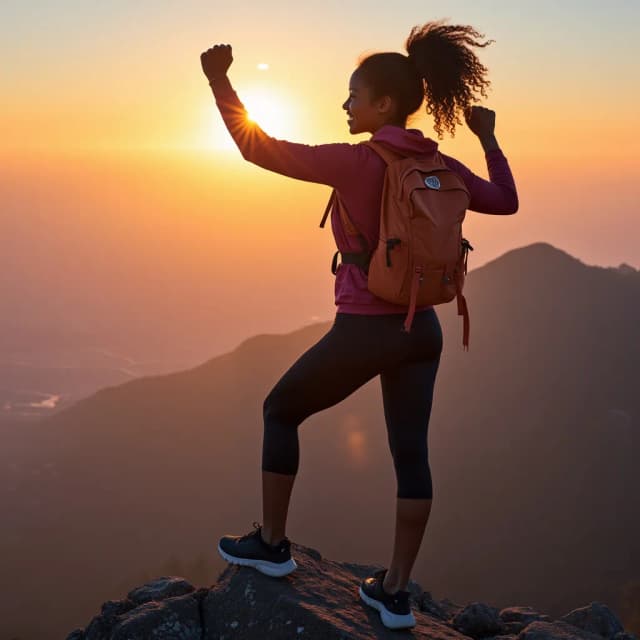 model in a sporty outfit, standing triumphantly at the summit with the sun rising.