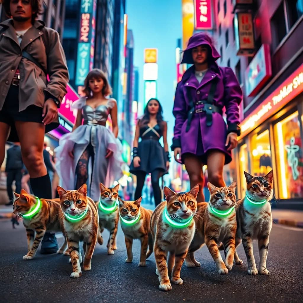 A group of individuals showcases avant-garde clothing in a neon-lit city, while street cats adorned with glowing collars weave between their legs. The scene captures the dynamic energy of urban life, blending human creativity with the charm of city-dwelling animals.