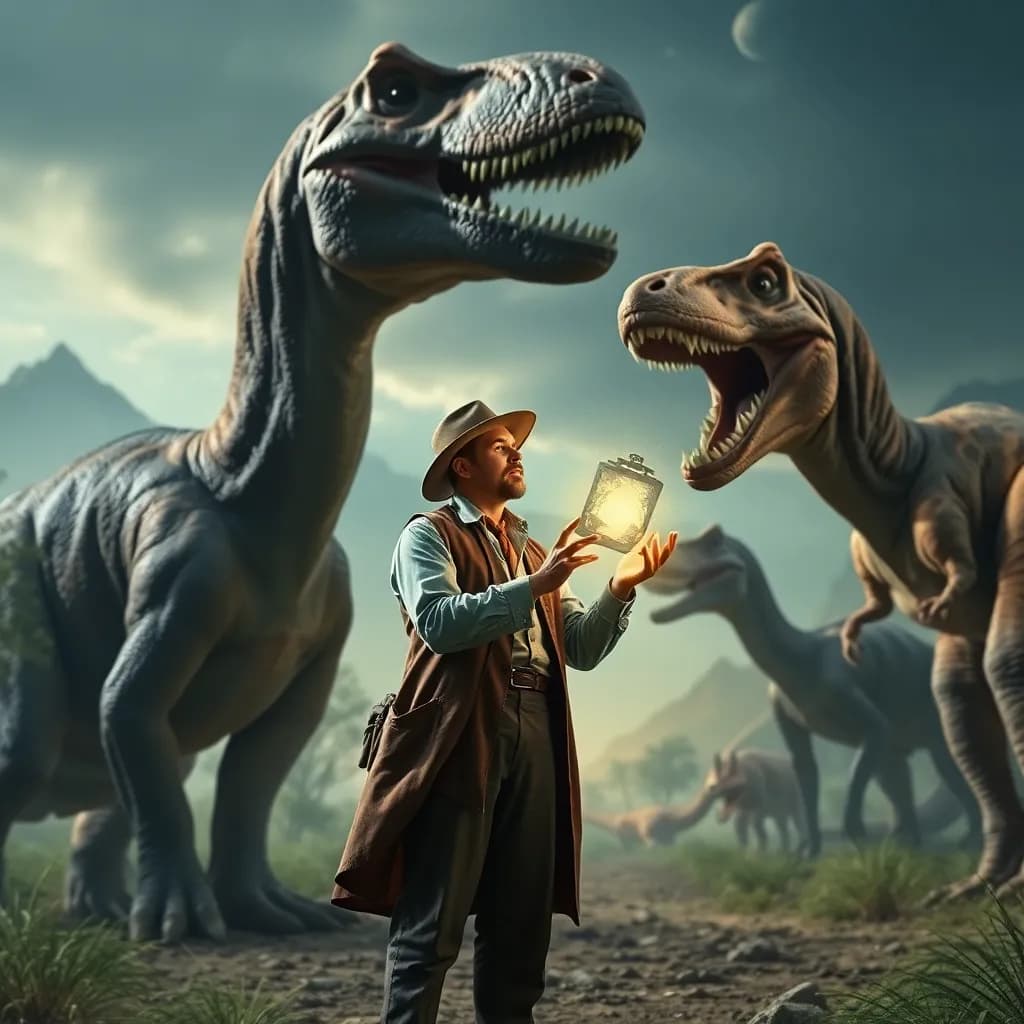 A researcher in vintage clothing stands in awe amid a prehistoric landscape, surrounded by towering dinosaurs. The historian holds a glowing artifact that seems to interact with the creatures, blending past and present in a moment of wonder.