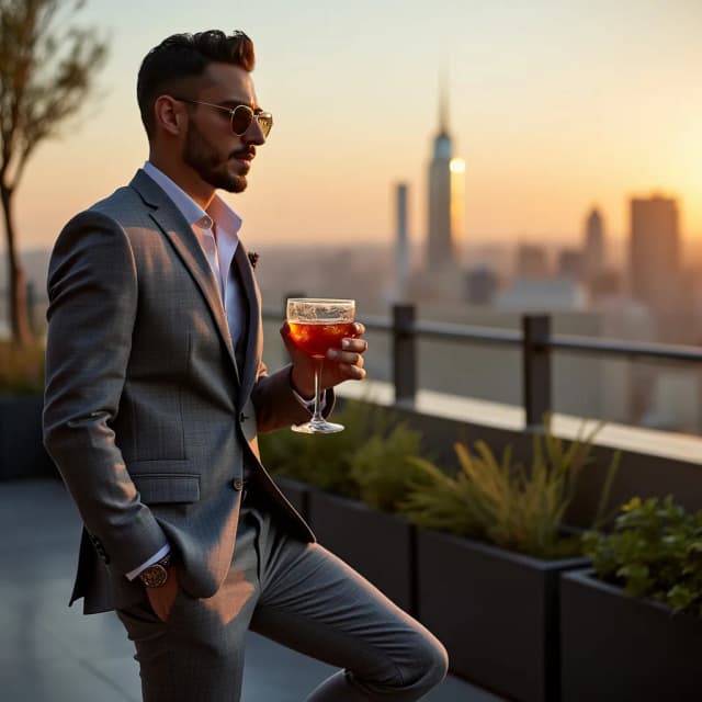 A stylish model in a tailored suit, enjoying a drink on a rooftop terrace with a city skyline at sunset.