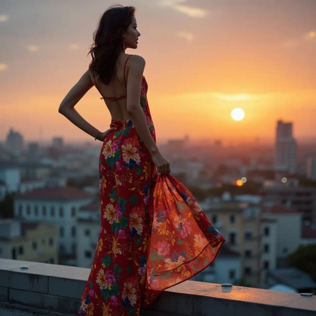 A trendy model in a colorful dress, enjoying the view of the city at sunset from a rooftop.