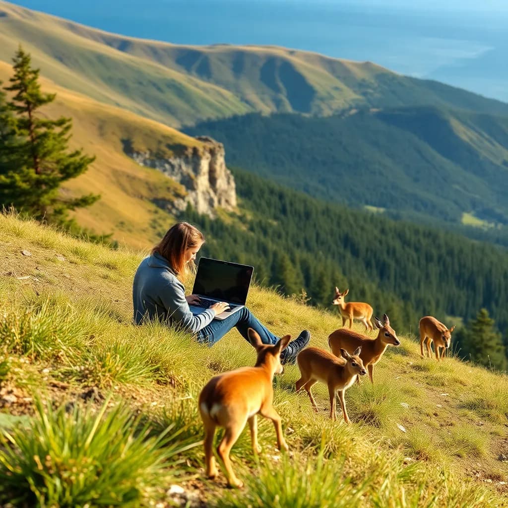 A remote worker sits on a serene hillside, laptop open, as curious wildlife—like deer and rabbits—approach nearby. Surrounded by breathtaking landscapes, they find inspiration and tranquility, showcasing the harmony of work and nature.