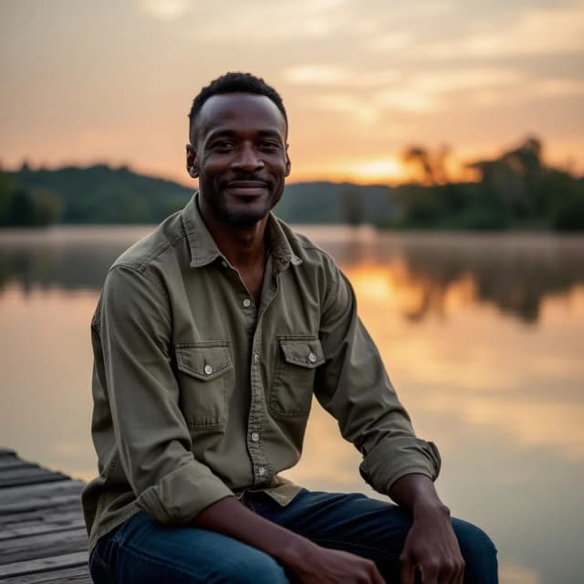 model in a casual button-up shirt, sitting on a wooden dock with a serene lake reflecting the sunset.