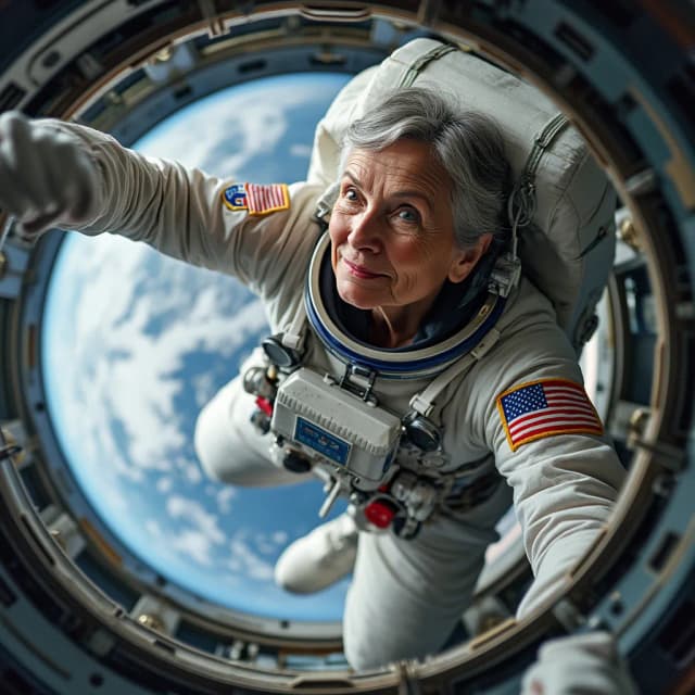 model in an astronaut suit, floating in zero gravity with Earth visible through a window.