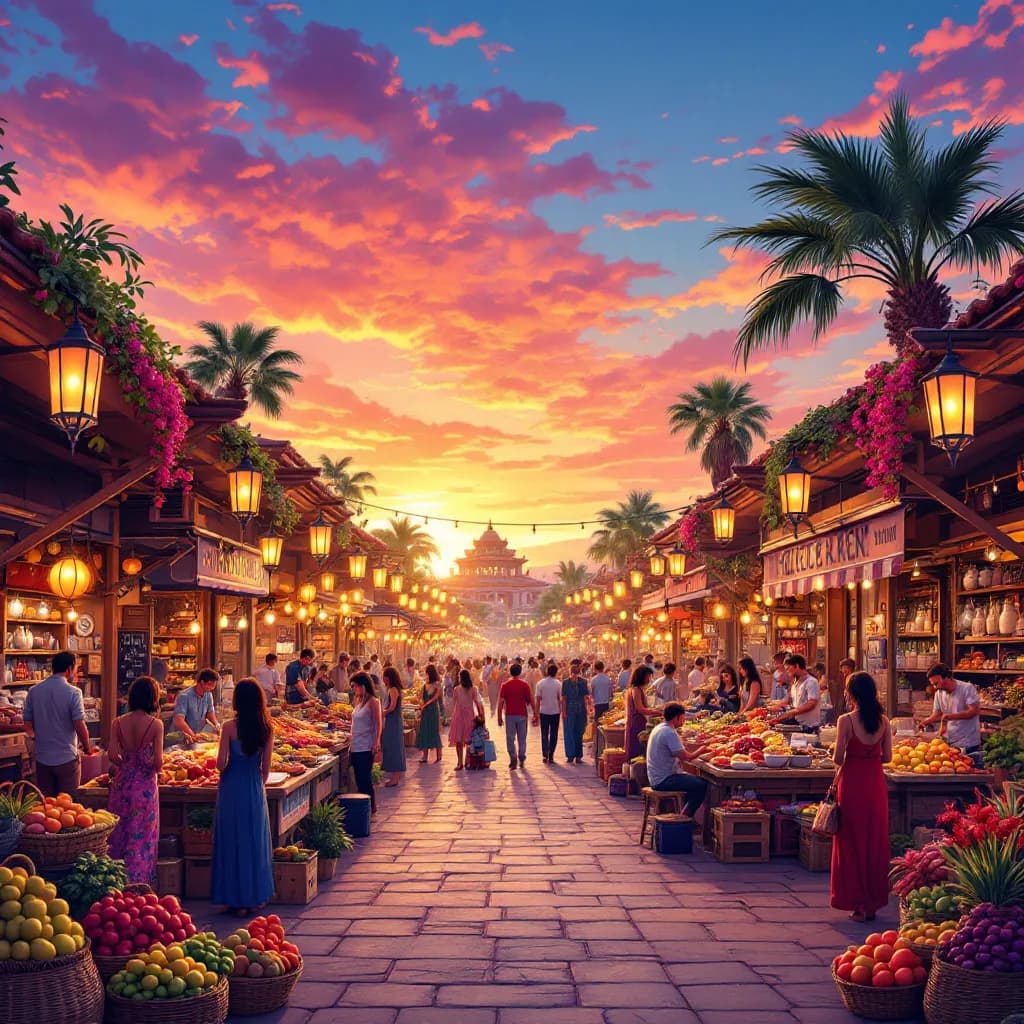 Capture the essence of a bustling street market at sunset, filled with colorful stalls overflowing with fresh fruits, vibrant flowers, and unique handmade crafts. The scene bursts with bold reds, yellows, and greens, drawing in the viewer's eye. In the background, a picturesque sunset bathes the sky in vivid oranges and purples. The atmosphere is alive with people interacting, street musicians playing lively tunes, and lanterns hanging above the stalls, casting a warm, inviting glow. This dynamic illustration radiates a festive spirit, perfect for promoting local culture and community.