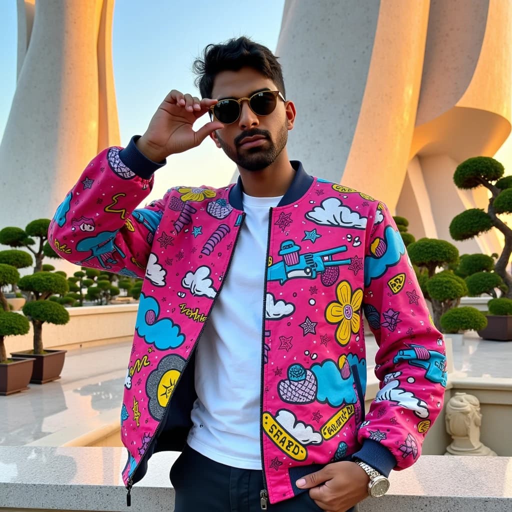 Dive into the vibrant energy of a fashion-forward streetwear scene with an eye-catching pop art jacket. Set against the futuristic backdrop of Tokyo at sunset, the model strikes a dynamic pose, adjusting quirky 90s round sunglasses with an intense gaze.