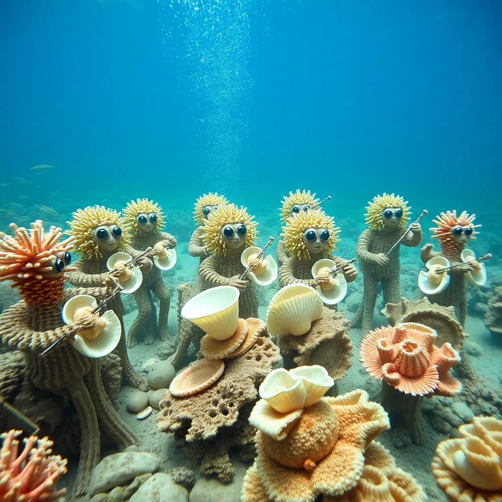 An underwater orchestra of sea creatures playing instruments made of coral and shells.