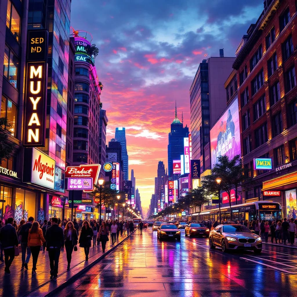 Experience the vibrant energy of a city street at sunset, where modern skyscrapers meet historic buildings, and colorful neon signs illuminate the scene. The diverse crowd of pedestrians, dressed in stylish outfits, engages in lively conversations and captures memories on their cameras. The sky transitions from orange to pink to purple, mirroring the city's pulse. Light trails from moving vehicles enhance the sense of movement and excitement. This captivating illustration conveys the lively atmosphere of urban life, making it ideal for a travel magazine cover that invites exploration and adventure.