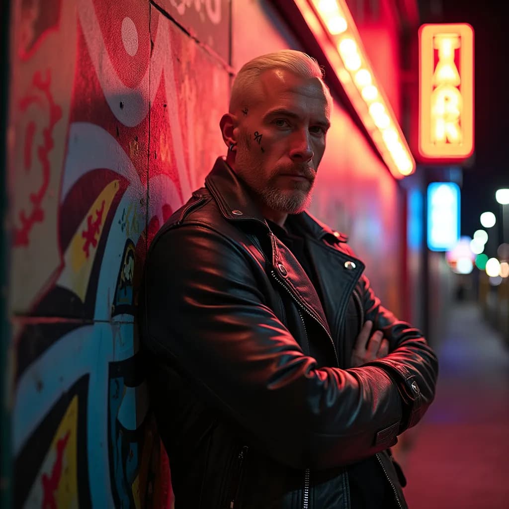 Channel your inner rebel by leaning against a vibrant graffiti wall in a sleek leather jacket, as neon lights pulse with the heartbeat of the city at night.