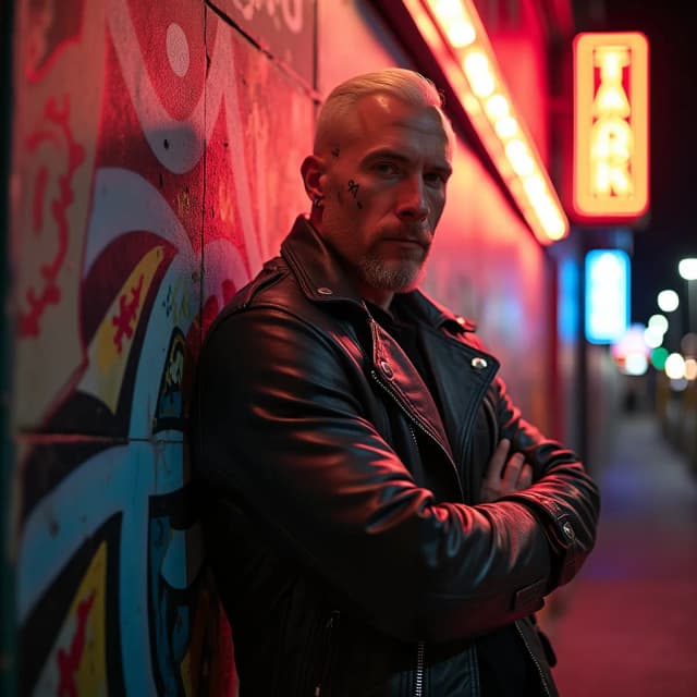 A tattooed model in a leather jacket, leaning against a graffiti wall under neon lights.