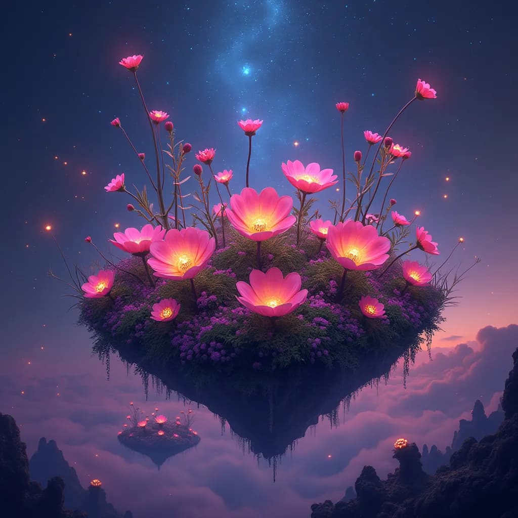 A vibrant garden floating in space, with alien flowers glowing under a starlit sky.