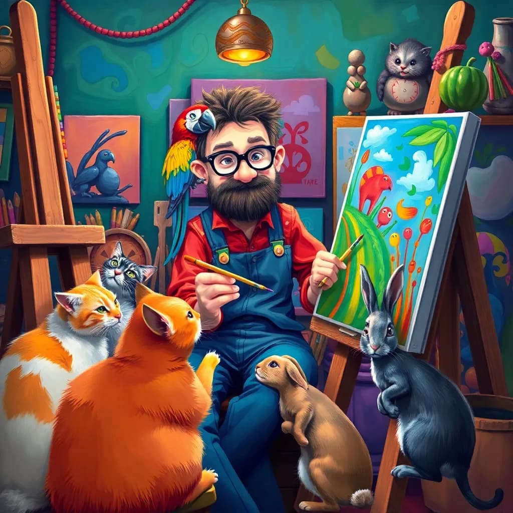 An artist in a whimsical studio creates vibrant paintings while surrounded by playful animals—cats chasing paintbrushes, a parrot perched on their shoulder, and a rabbit curiously inspecting the canvas. The studio is alive with color, reflecting their imaginative spirit.