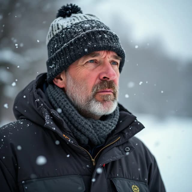 model in a winter jacket and beanie, enjoying the snowy landscape.