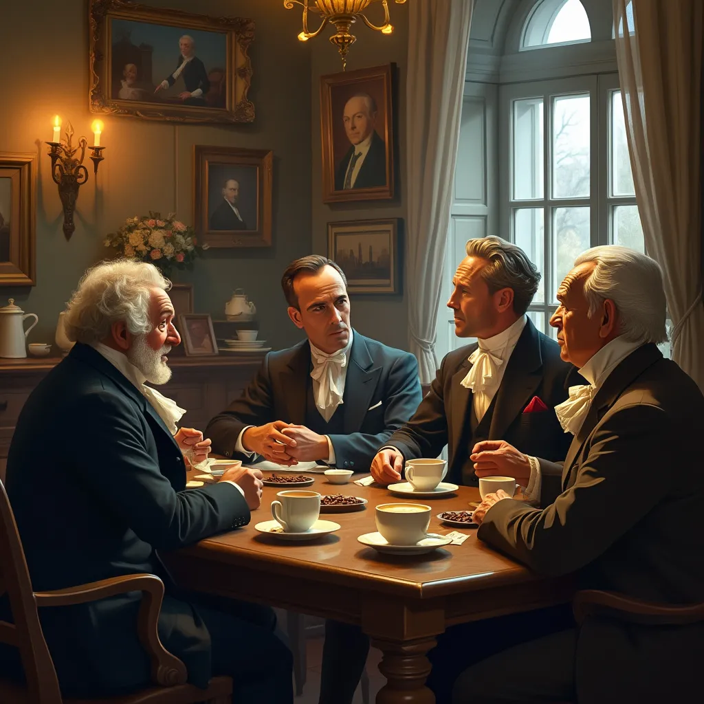 A cozy cafe where historical figures from different eras gather for coffee and conversation.