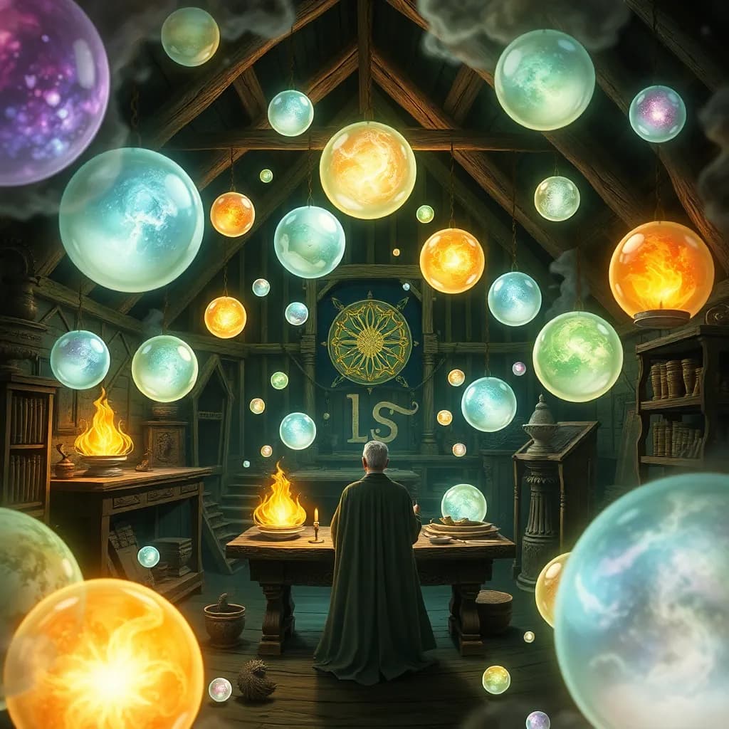 A mystical workshop filled with floating dream orbs, where a figure crafts dreams into reality.