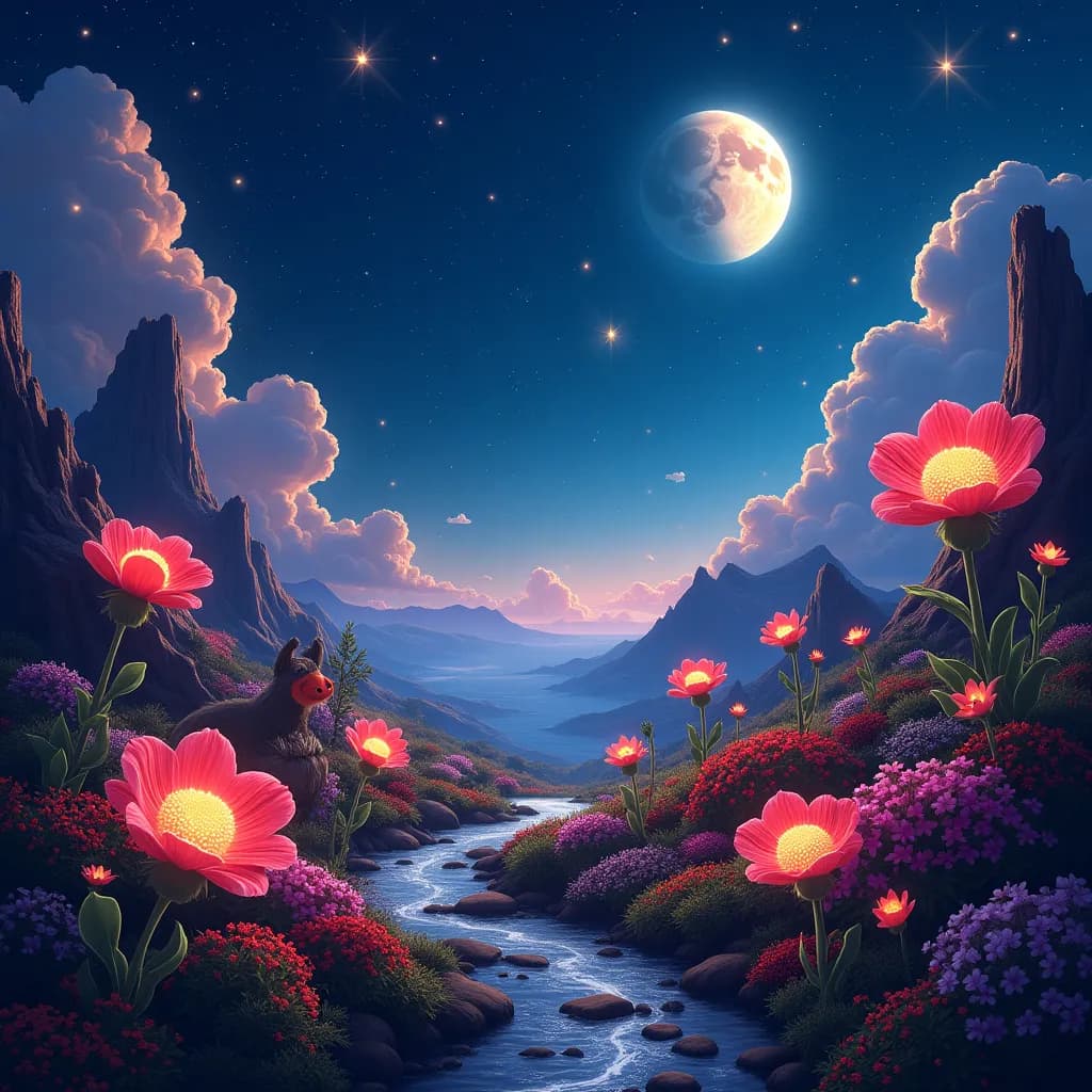 A vibrant garden floating in space, with alien flowers glowing under a starlit sky.