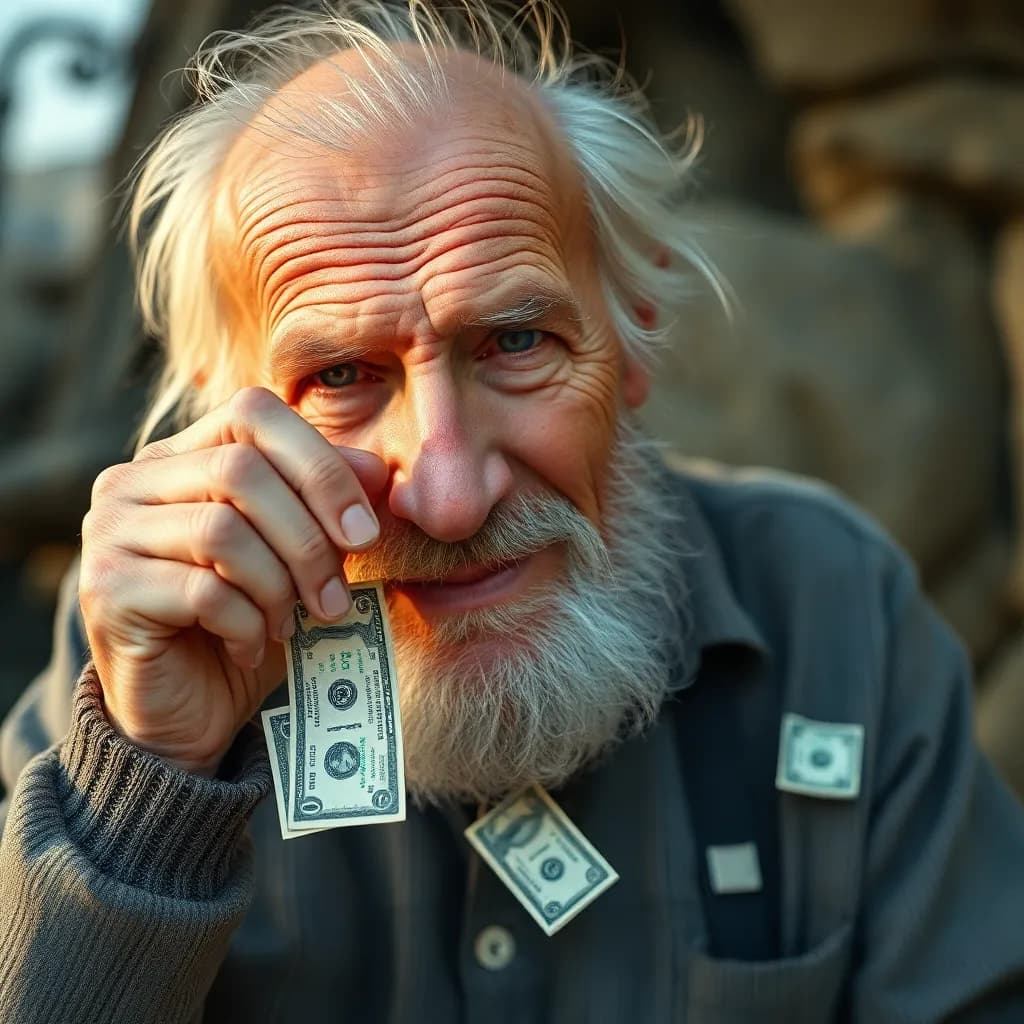 An old man finds a dollar.